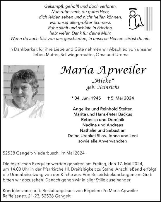 Traueranzeige von Maria Apweiler von Zeitung am Sonntag