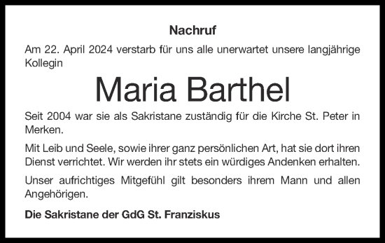 Traueranzeige von Maria Barthel von Zeitung am Sonntag