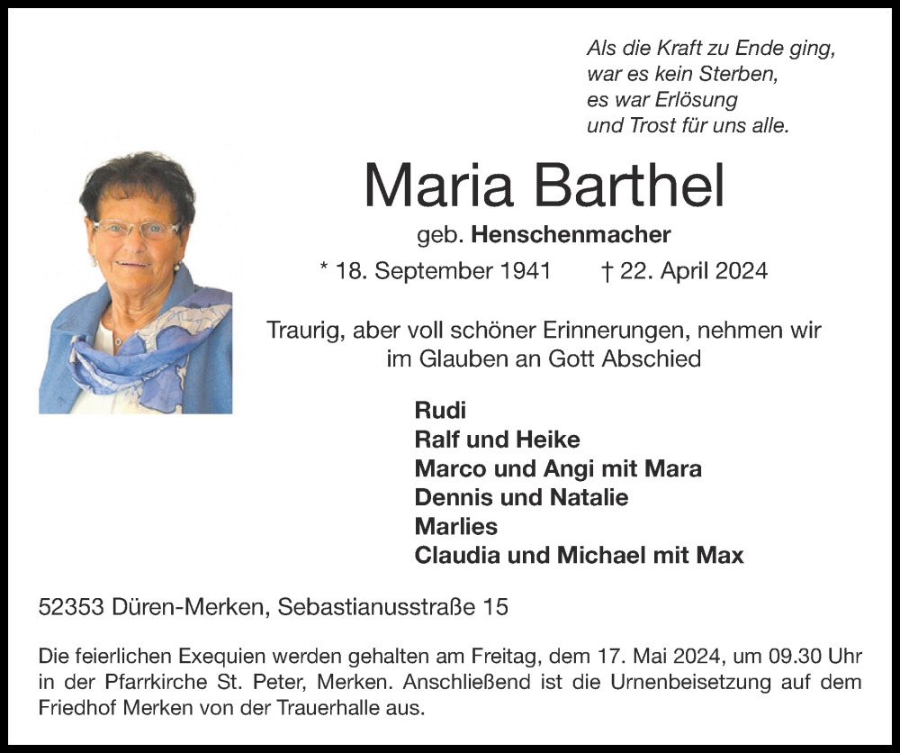  Traueranzeige für Maria Barthel vom 12.05.2024 aus Zeitung am Sonntag