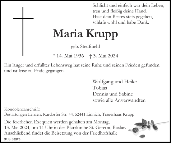 Traueranzeige von Maria Krupp von Zeitung am Sonntag
