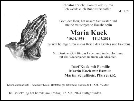 Traueranzeige von Maria Kuck von Zeitung am Sonntag