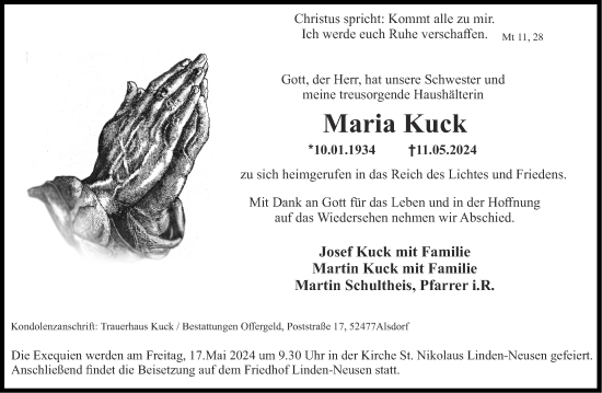 Traueranzeige von Maria Kuck von Aachener Zeitung