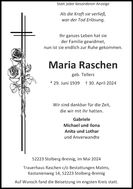 Traueranzeige von Maria Raschen von Aachener Zeitung