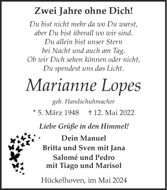 Traueranzeige von Marianne Lopes von Zeitung am Sonntag