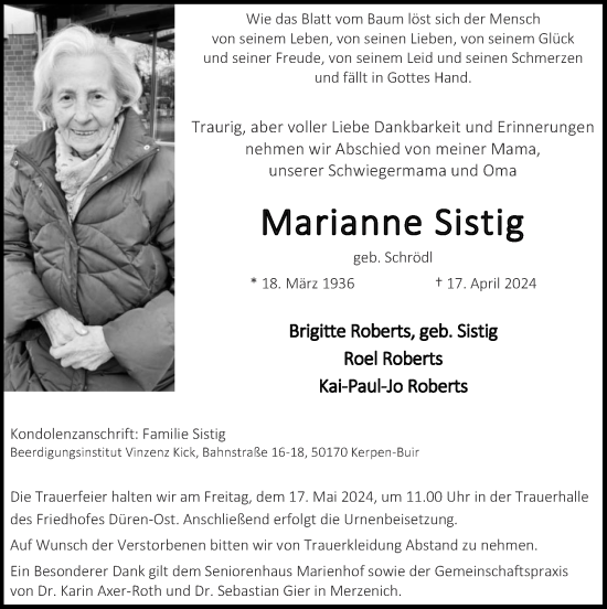 Traueranzeige von Marianne Sistig von Zeitung am Sonntag