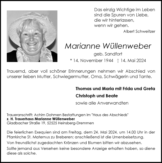 Traueranzeige von Marianne Wüllenweber von Zeitung am Sonntag