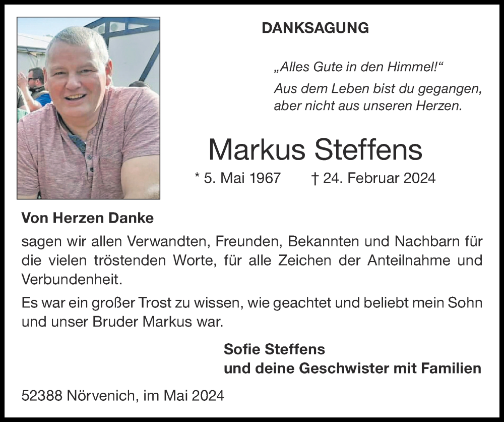  Traueranzeige für Markus Steffens vom 05.05.2024 aus Zeitung am Sonntag