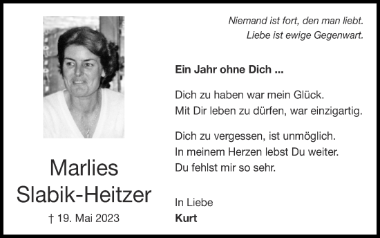 Traueranzeige von Marlies Slabik-Heitzer von Zeitung am Sonntag