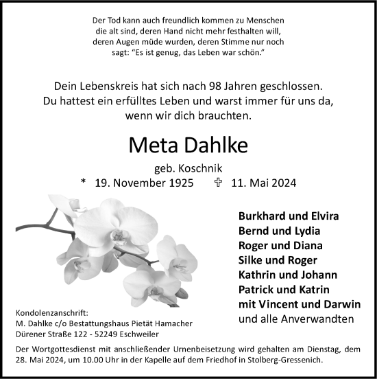 Traueranzeige von Meta Dahlke von Zeitung am Sonntag