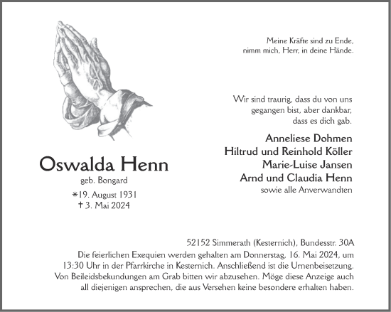 Traueranzeige von Oswalda Henn von Aachener Zeitung