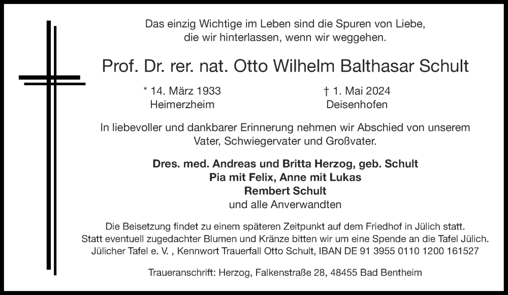  Traueranzeige für Otto Wilhelm Balthasar  Schult vom 11.05.2024 aus Aachener Zeitung