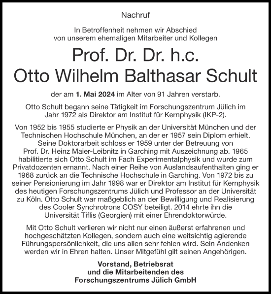 Traueranzeige von Otto Wilhelm Balthasar  Schult von Zeitung am Sonntag