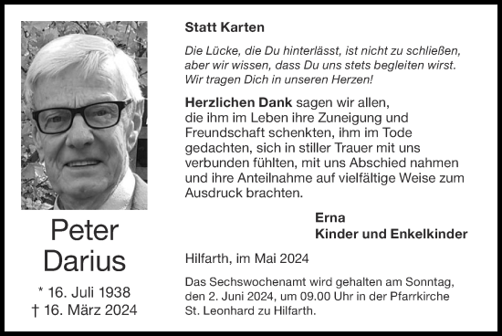 Traueranzeige von Peter Darius von Zeitung am Sonntag