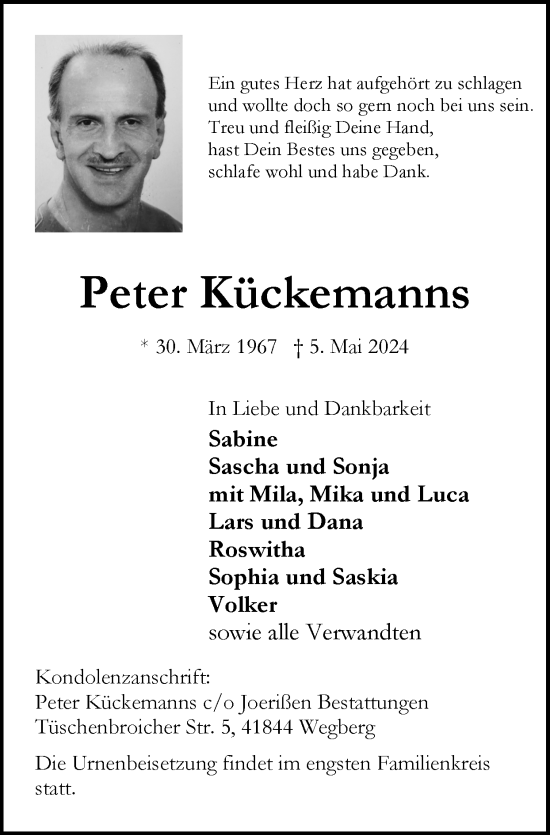 Traueranzeige von Peter Kückemanns von Zeitung am Sonntag