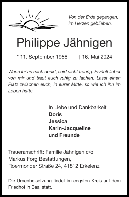 Traueranzeige von Philippe Jähnigen von Zeitung am Sonntag