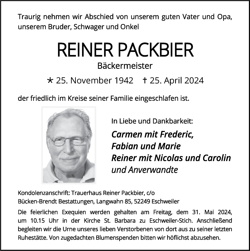  Traueranzeige für Reiner Packbier vom 26.05.2024 aus Zeitung am Sonntag
