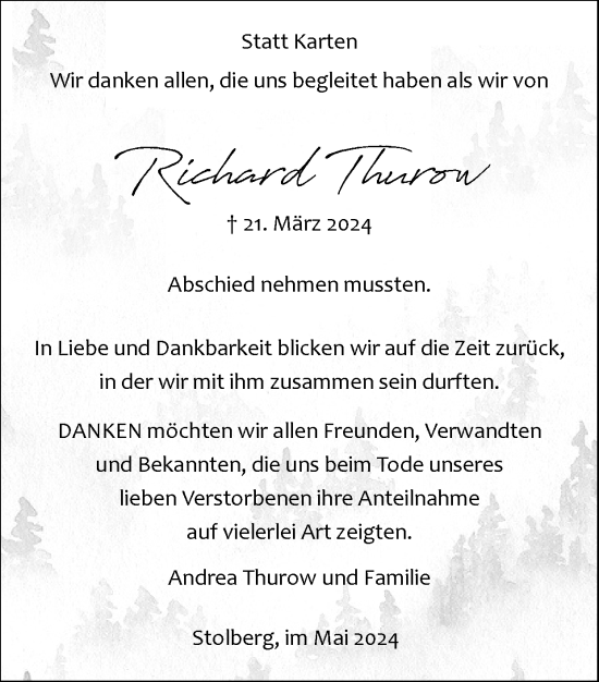 Traueranzeige von Richard Thurow von Zeitung am Sonntag