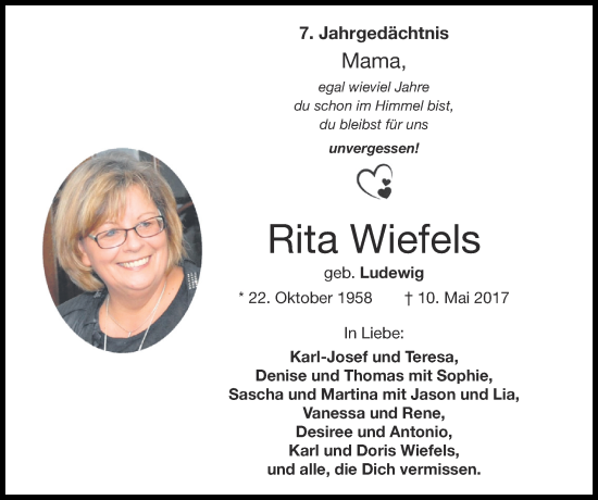 Traueranzeige von Rita Wiefels von Zeitung am Sonntag