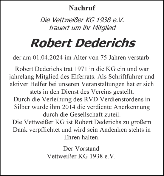 Traueranzeige von Robert Dederichs von Zeitung am Sonntag