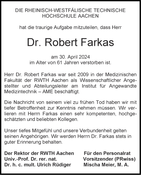 Traueranzeige von Robert Farkas von Aachener Zeitung