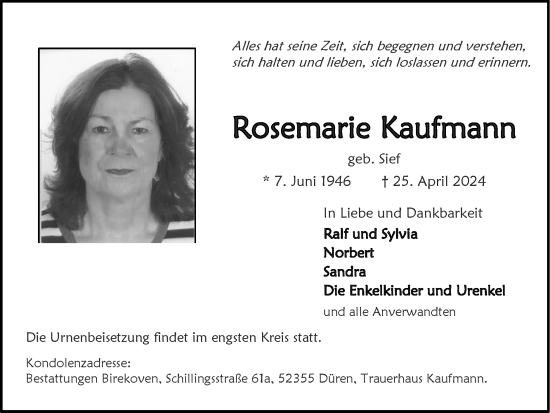 Traueranzeige von Rosemarie Kaufmann von Zeitung am Sonntag
