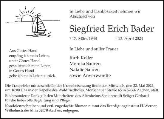 Traueranzeige von Siegfried Erich Bader von Aachener Zeitung