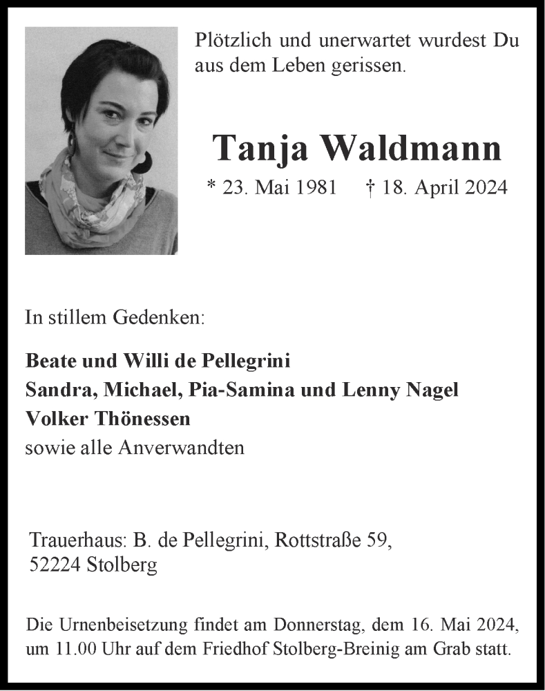  Traueranzeige für Tanja Waldmann vom 12.05.2024 aus Zeitung am Sonntag