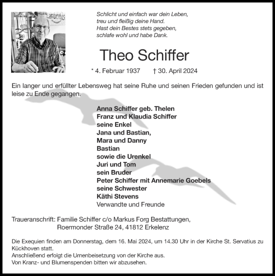 Traueranzeige von Theo Schiffer von Zeitung am Sonntag