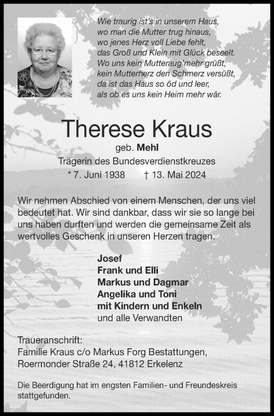 Traueranzeige von Therese Kraus von Zeitung am Sonntag