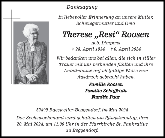 Traueranzeige von Therese Roosen von Zeitung am Sonntag