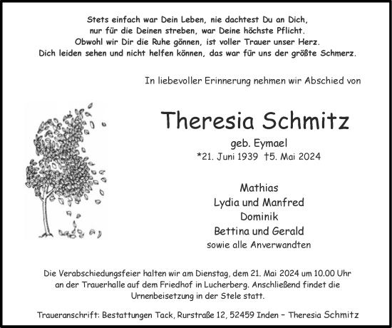 Traueranzeige von Theresia Schmitz von Zeitung am Sonntag
