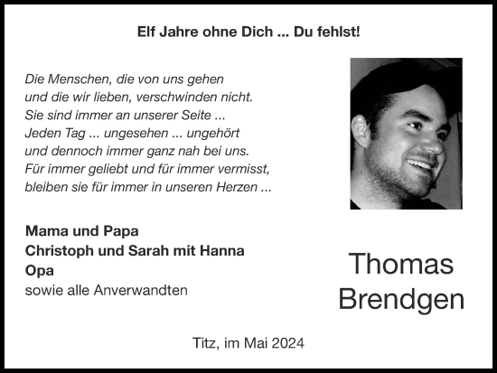 Traueranzeige von Thomas Brendgen von Zeitung am Sonntag