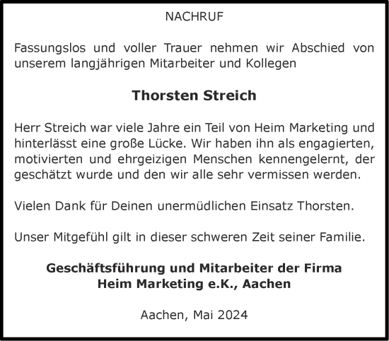 Traueranzeige von Thorsten Streich von Aachener Zeitung