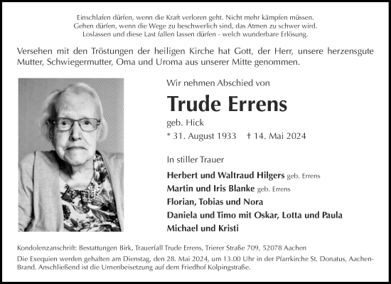 Traueranzeige von Trude Errens von Aachener Zeitung