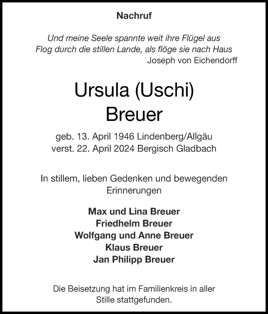 Traueranzeige von Ursula Breuer von Zeitung am Sonntag