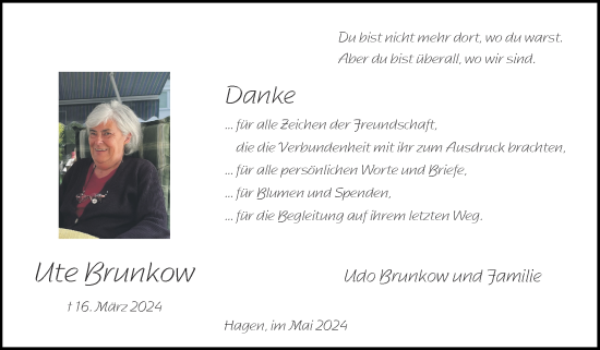 Traueranzeige von Ute Brunkow von Zeitung am Sonntag