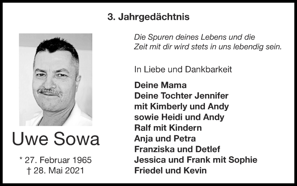  Traueranzeige für Uwe Sowa vom 26.05.2024 aus Zeitung am Sonntag