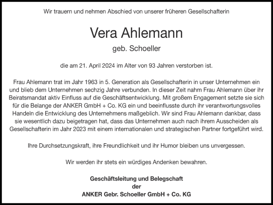 Traueranzeige von Vera Ahlemann von Zeitung am Sonntag