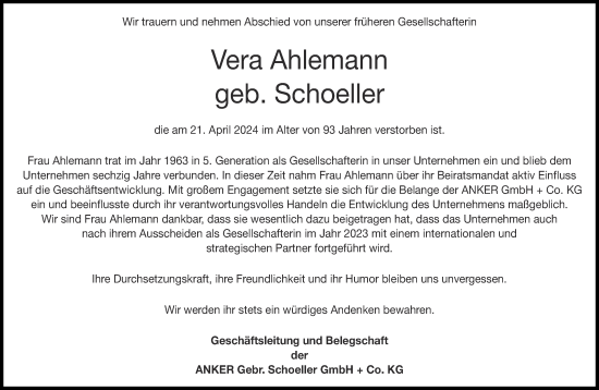 Traueranzeige von Vera Ahlemann von Aachener Zeitung