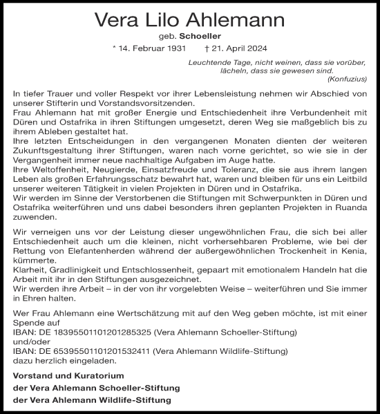 Traueranzeige von Vera Lilo Ahlemann von Aachener Zeitung