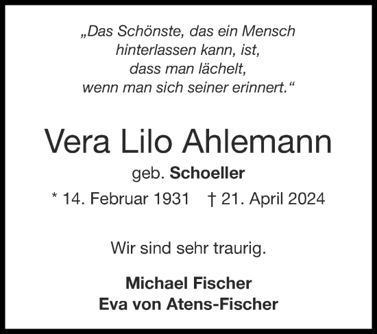 Traueranzeige von Vera Lilo Ahlemann von Zeitung am Sonntag