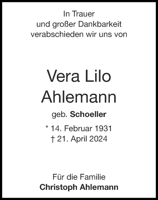 Traueranzeige von Vera Lilo Ahlemann von Zeitung am Sonntag