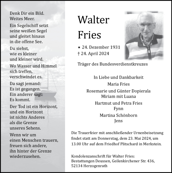 Traueranzeige von Walter Fries von Zeitung am Sonntag