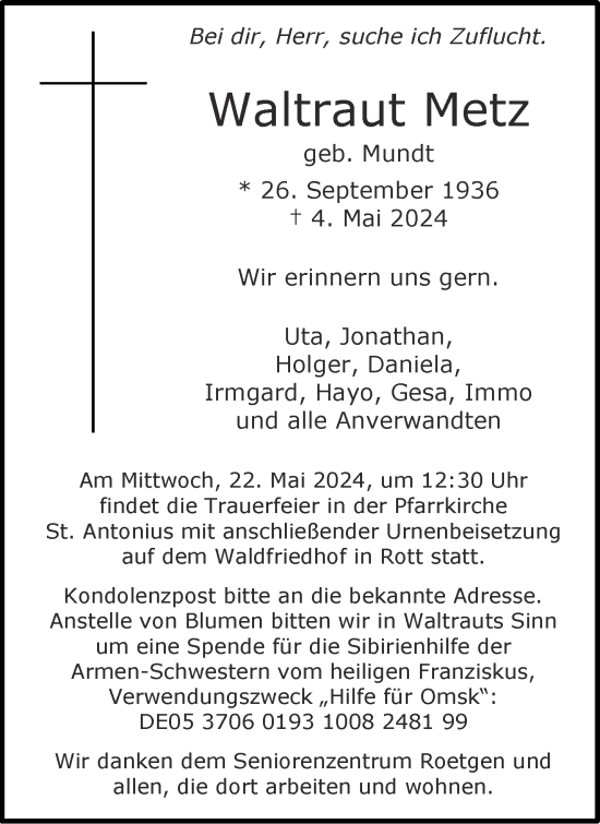 Traueranzeige von Waltraut Metz von Aachener Zeitung