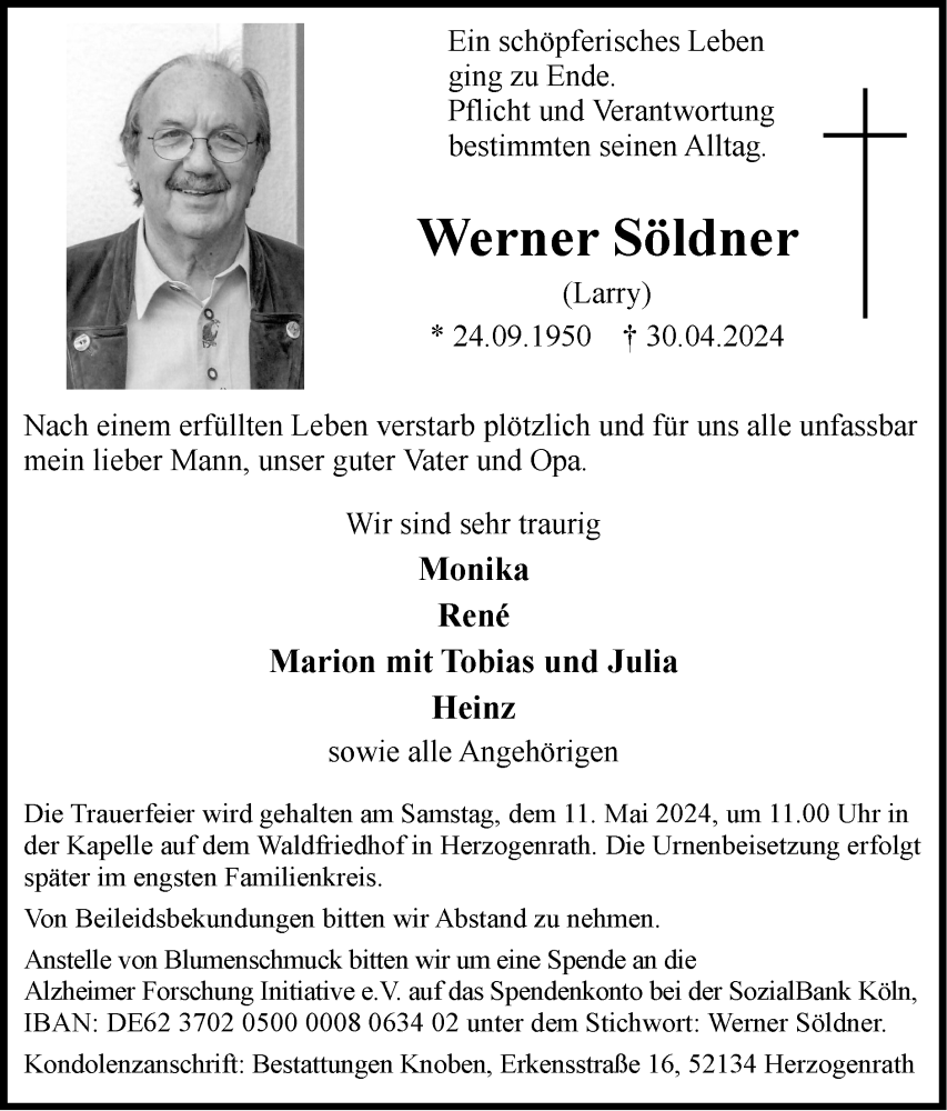  Traueranzeige für Werner Söldner vom 05.05.2024 aus Zeitung am Sonntag