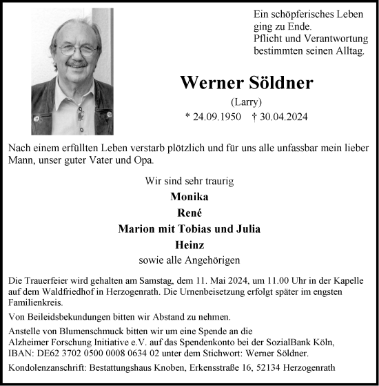 Traueranzeige von Werner Söldner von Aachener Zeitung