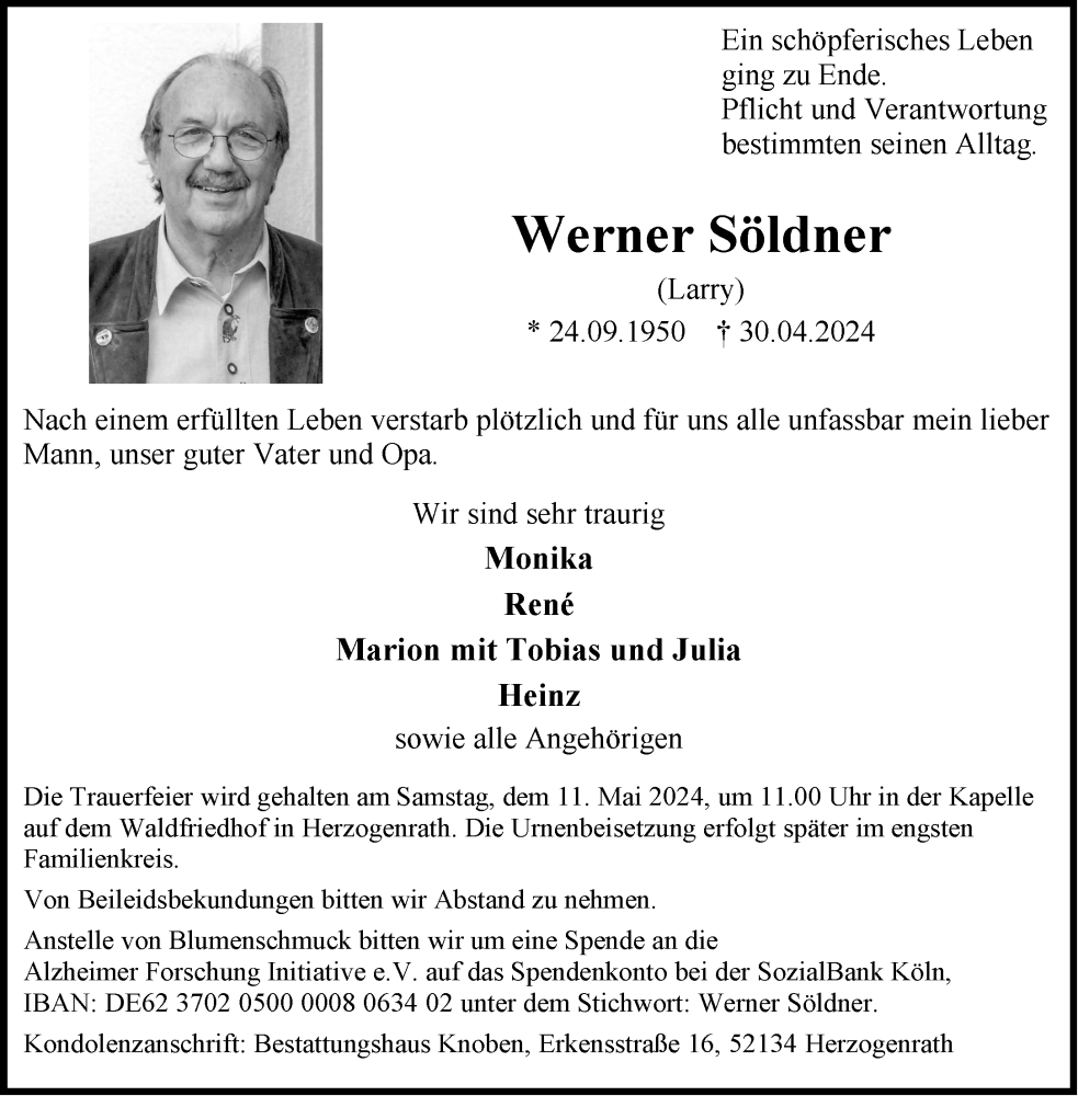  Traueranzeige für Werner Söldner vom 04.05.2024 aus Aachener Zeitung