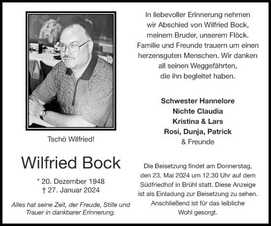 Traueranzeige von Wilfried Bock von Zeitung am Sonntag