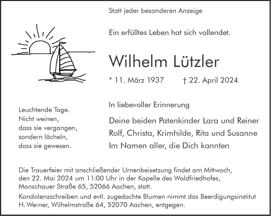 Traueranzeige von Wilhelm Lützler von Aachener Zeitung