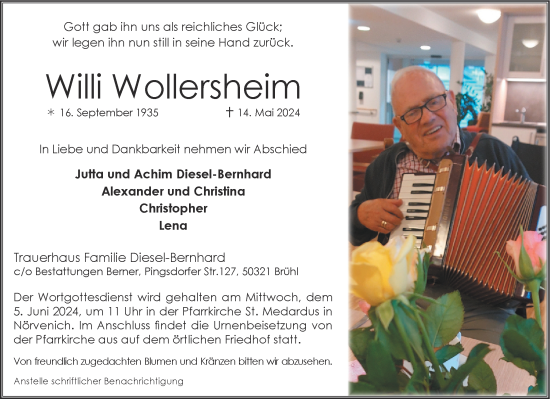 Traueranzeige von Willi Wollersheim von Aachener Zeitung
